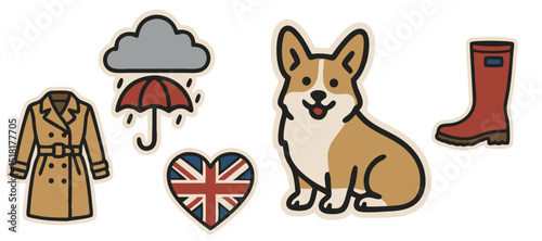 British Lifestyle Vector Stickers – Corgi, Trench Coat, Rainy Weather, Union Jack Heart and Wellington Boots – Transparent Background
