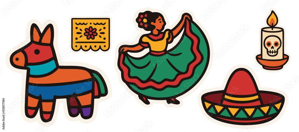 Obraz premium Mexican Culture Vector Stickers – Piñata, Folkloric Dancer, Papel Picado, Sombrero and Candle – Transparent Background