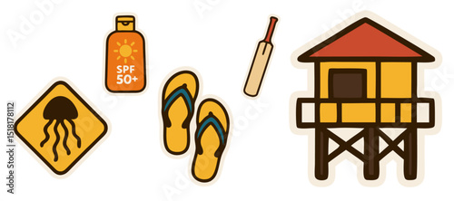 Australian Summer Vector Stickers – Lifeguard Hut, Jellyfish Sign, Flip-Flops, Sunscreen and Cricket Bat – Transparent Background
