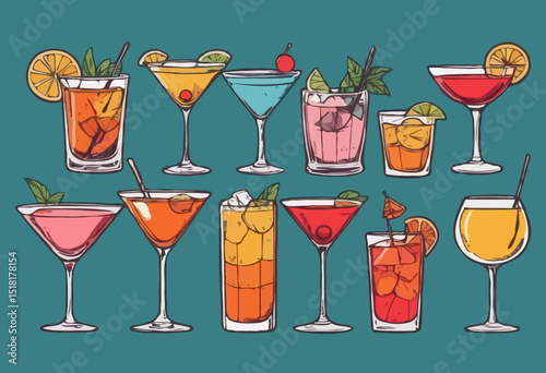 Hand-drawn collection of cocktails and drinks in various glass styles. Vintage ink sketch vector illustrations of classic alcoholic beverages.	