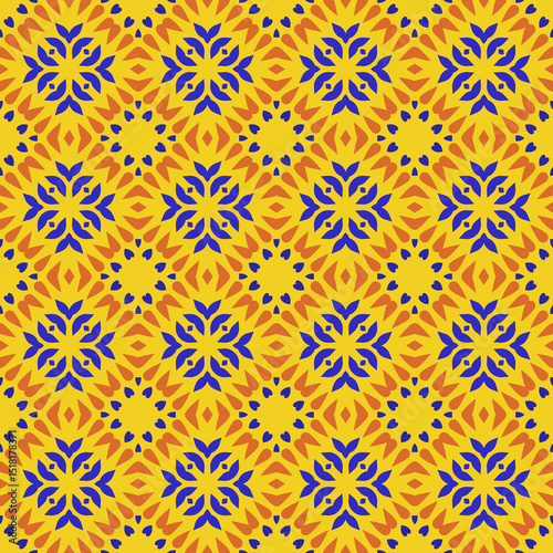 Geometric Seamless Pattern with Blue Flower and Warm Accents