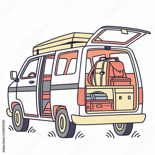 Vintage camper van with open doors and luggage in the back  