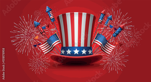 Patriotic celebration with fireworks and american flag hat for independence day poster