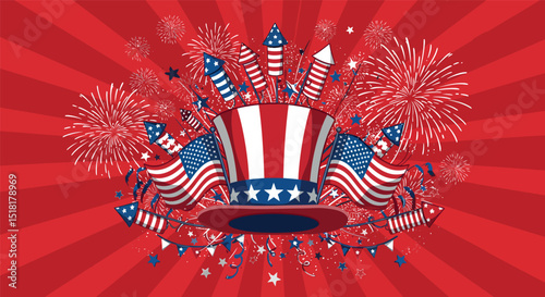 Patriotic celebration with fireworks and american flags for fourth of july festivities