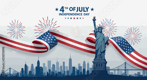 Celebrating independence day with statue of liberty and fireworks in new york city skyline