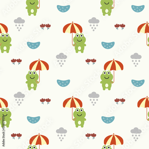 Frog and umbrella cartoon so cute. On swamp cloud rain flower background. Pattern seamless vector illustration. 