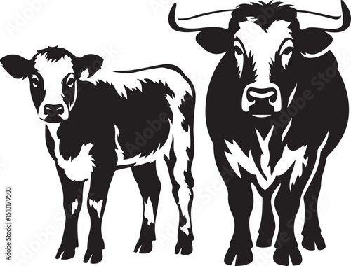 Calf and bull vector illustration pair, Farm animal duo black white drawing photo