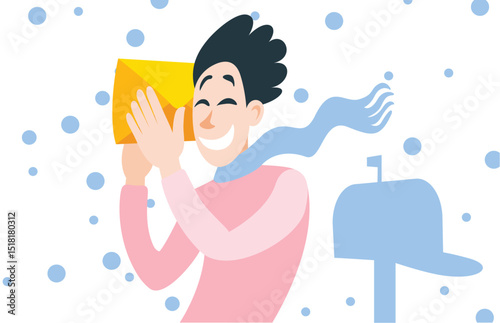 A young man receives a letter from a loved one. Illustration of a young man receiving a letter.