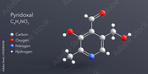 Fototapeta Naklejka Na Ścianę i Meble -  pyridoxal molecule 3d rendering, flat molecular structure with chemical formula and atoms color coding