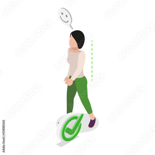 3D Isometric Flat Vector Illustration of Walking Position, Proper Posture for Walking to Reduce Strain. Item 3