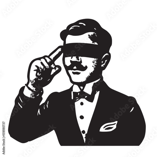 Elegant gentleman with blindfold pointing in a confident gesture