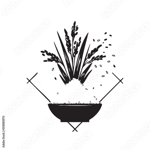Rice bowl concept with grains and sprigs for culinary design