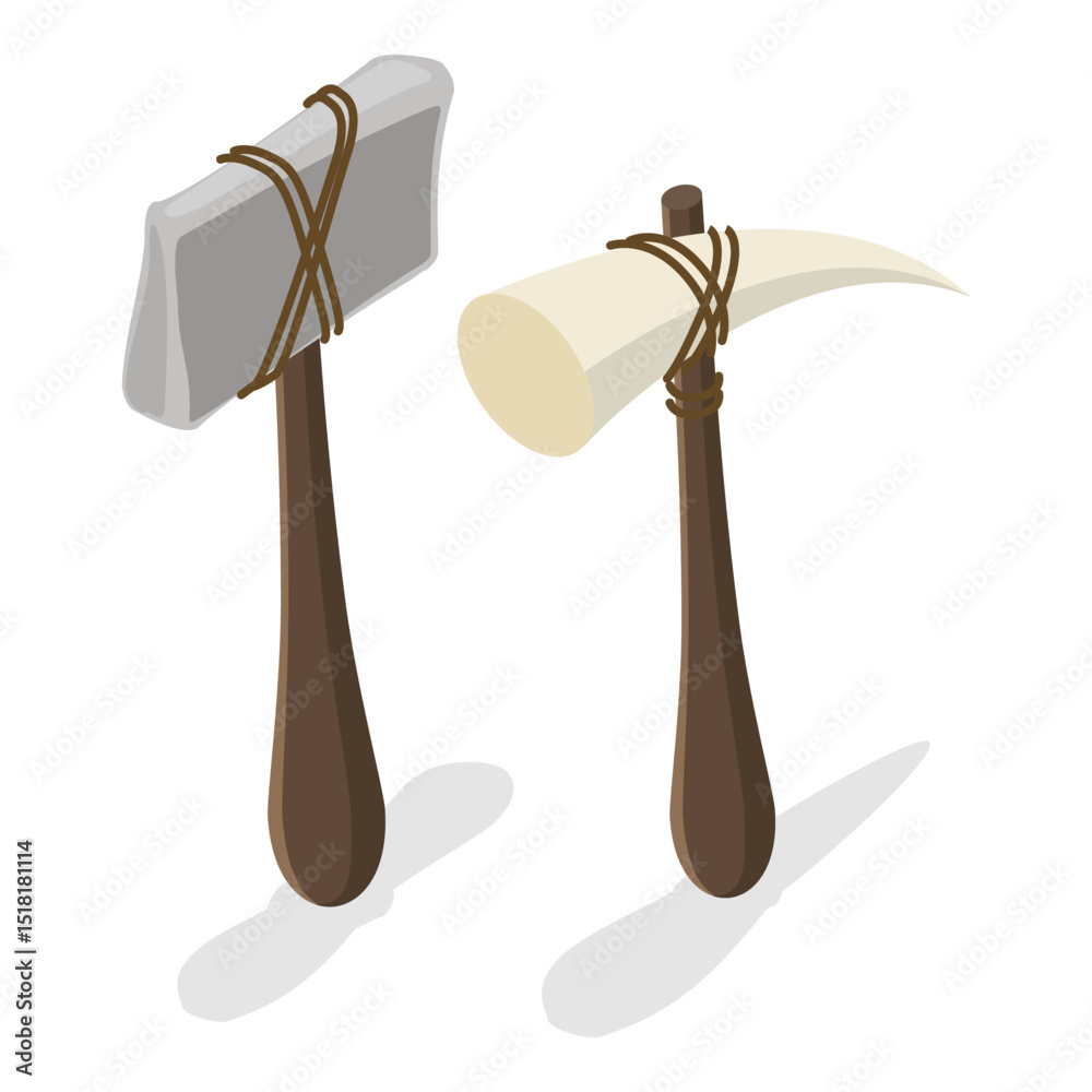 3D Isometric Flat Vector Set of Primal Stone Age Tools, Prehistoric Weapons. Item 4 3D Isometric Flat Vector Set of Primal Stone Age Tools, Prehistoric Weapons. Item 4