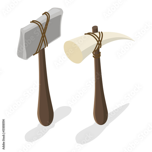 3D Isometric Flat Vector Set of Primal Stone Age Tools, Prehistoric Weapons. Item 4