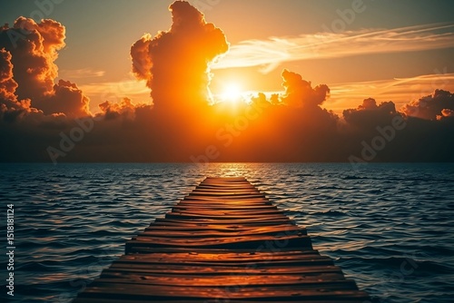 wooden pier stretches into the calm ocean beneath a dramatic sunset, glowing clouds reflecting warm golden-orange light.