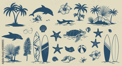 Tropical beach adventure with surfboards, palm trees, and marine life elements