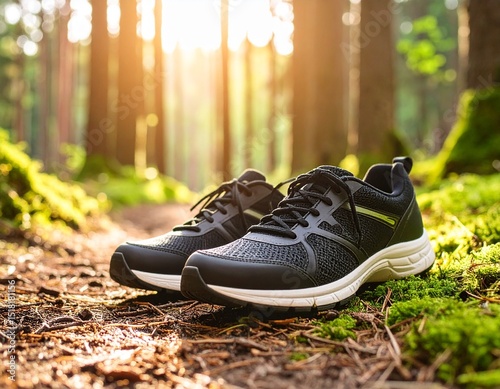 Running shoes on forest trail path, fitness motivation, active lifestyle, outdoor exercise, entire scene sharp and clear