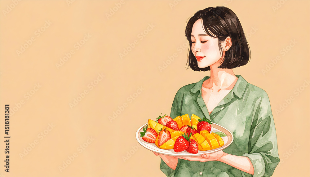 Woman Enjoying Fresh Fruit Platter Cartoon Woman Enjoying Fresh Fruit Platter Cartoon