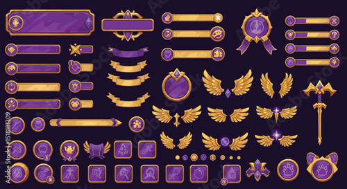 Fantasy game ui elements with gold and purple design for icons and badges