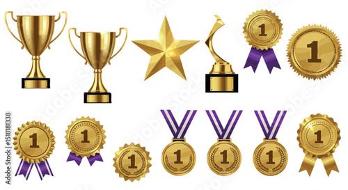 Award and achievement symbols: trophies, medals, and badges design for excellence recognition