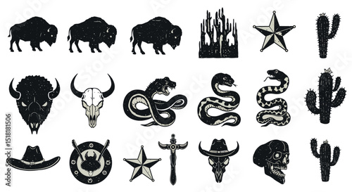 Wild west icon set: buffalo, cactus, snake, and skull designs for vintage artwork