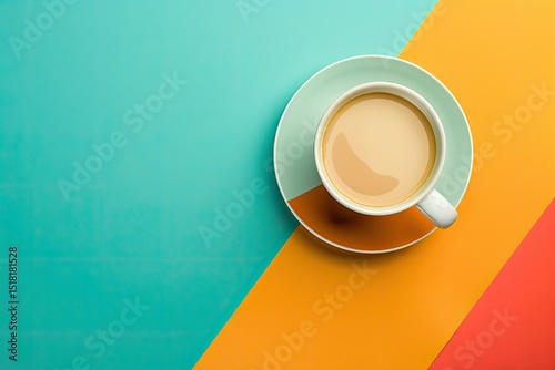 A Cup of Coffee with Milk on a Colorful Background the View From the Top Flat Lay