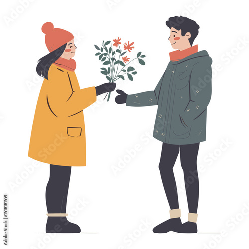 Illustration of two people in winter background clothing flowers vector