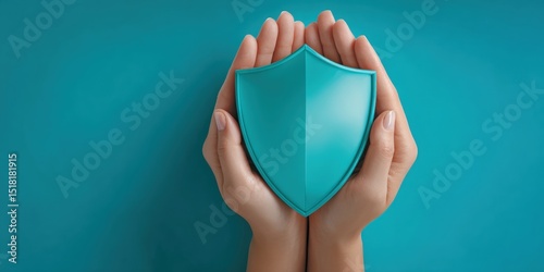 A pair of hands gently holding a blue shield symbolizing protection and security on a blue background.
