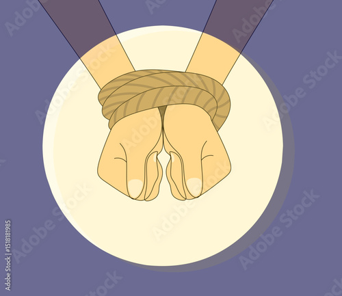 Bound hands isolated on gray background. Hands tied with rope.