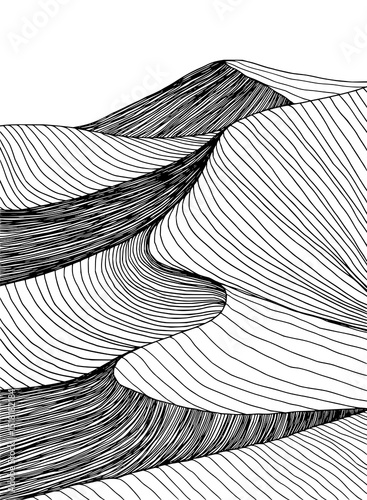 Minimilist abstract black and white landscape illustration with flowing lines forming hills and valleys pattern design vector