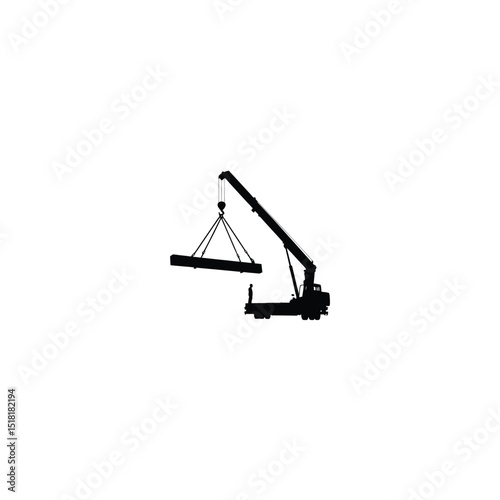 Silhouette of a hydraulic crane lifting I-beam on white background