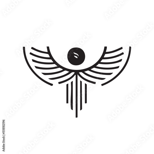 Abstract design of a winged symbol with a central circle