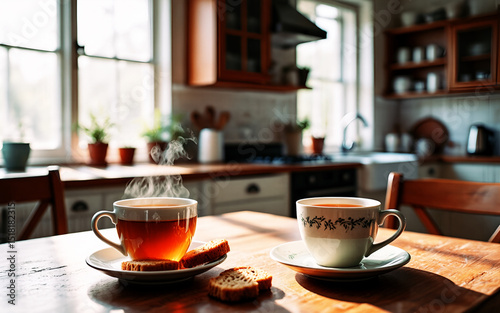 tazze da tea in primo piano su un tavolo da cucina, sullo sfondo un ambiente cucina classico ed accogliente