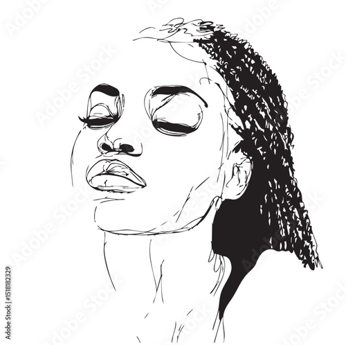 Elegant line art of a woman with braided hair expressing serenity