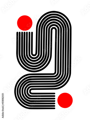 Minimilist abstract design featuring black parallel lines forming a curved shape with two red circles on white vector