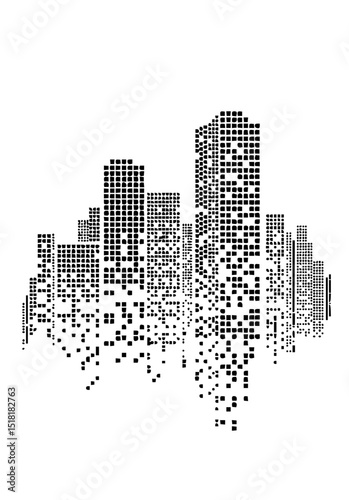 Minimilist abstract cityscape silhouette with pixelated buildings on a white background creating an urban skyline vector