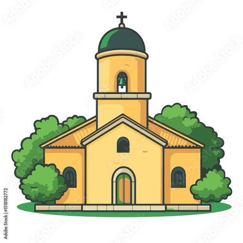 Monastery building icon featuring a simple flat cartoon design with lush greenery surrounding the structure