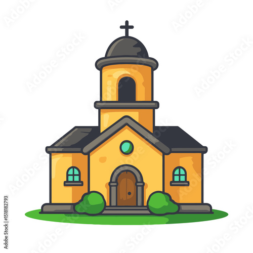 Monastery building icon featuring a simple flat cartoon design with an isolated appearance and vibrant colors