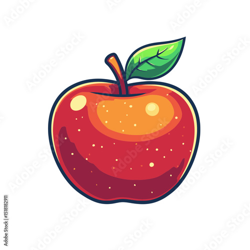 Stylized red apple with green leaf representing organic food in a simple cartoon design