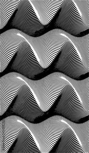 Minimilist pattern of black and white striped abstract shapes creating a wavy three dimensional illusion effect vector