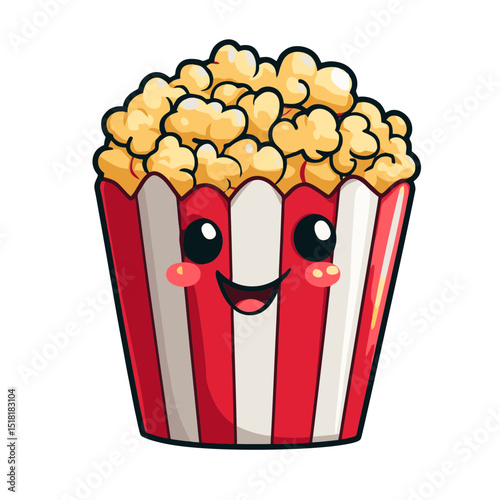 Charming cartoon popcorn box character with a joyful expression, designed in a simple flat style and perfect for various applications