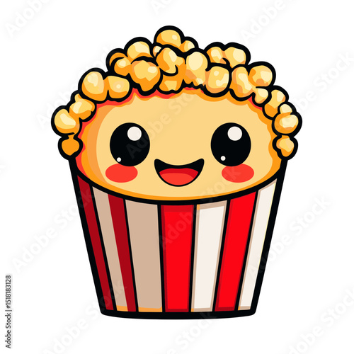Cute popcorn box character icon with cheerful expression, perfect for fun designs and illustrations