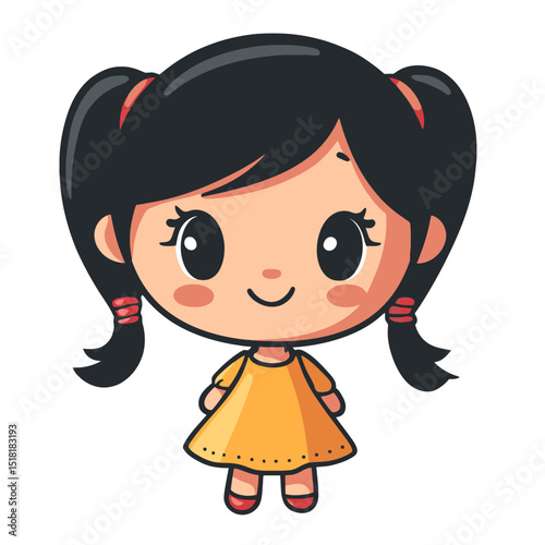 Cute cartoon girl character with ponytails in a bright orange dress, perfect for playful designs and illustrations