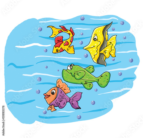 Cute cartoon hand drawn vector fishes swimming in ocean clipart.