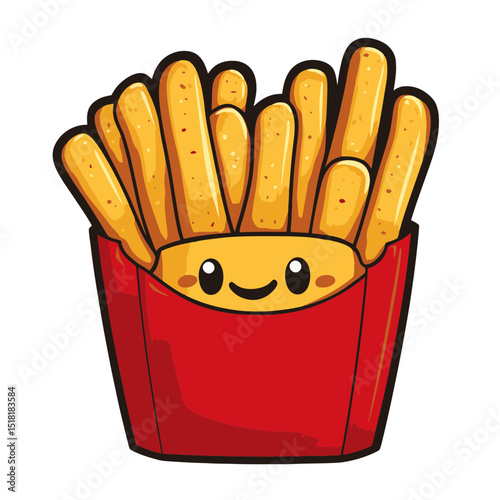 Smiling fries carton icon featuring cartoonish design and vibrant colors in a fun and playful style