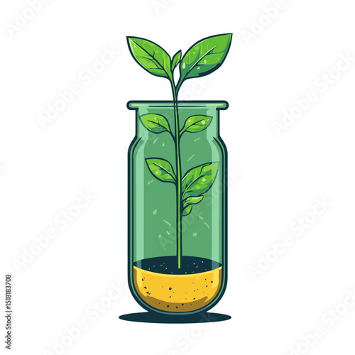 Illustration of a small sprout growing in a test tube, showcasing the blending of nature and science in a simple flat design