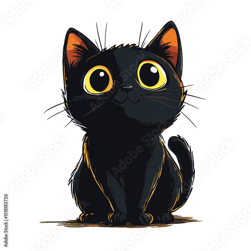 Cute black cat icon in a simple flat design, showcasing a joyful stretch and playful expression