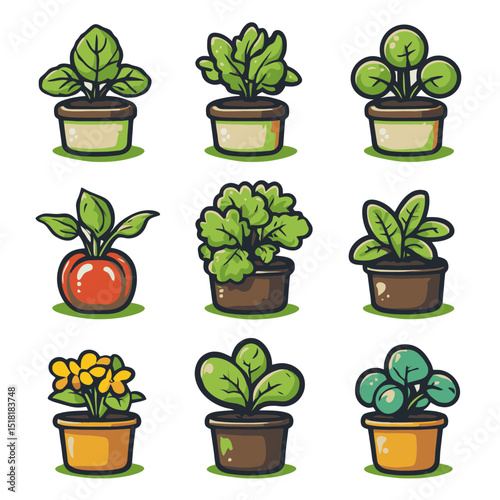 Sustainable agriculture concept illustrated with simple flat cartoon plants in pots representing various vegetables and greens