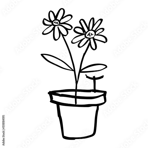 Flower in plant pot simple black white vector