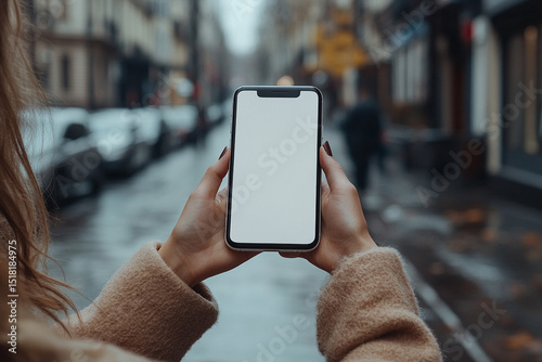 Woman holding phone with blank screen in urban setting on a rainy day